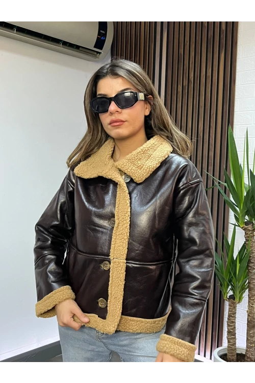 Kadın Acı Kahve İçi Suni Kürklü Önden Düğmeli Suni Deri Mont HZL23W-BRC129311