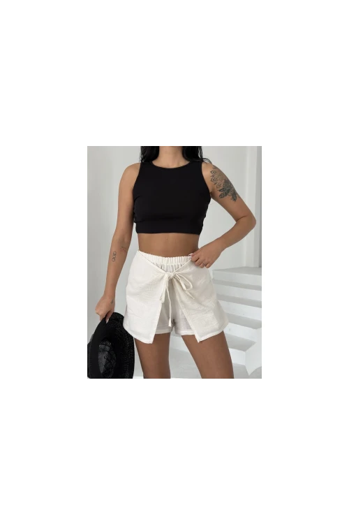 Kadın Açık Krem Bağlama Detay Müslin Şort HZL25S-DSB2323