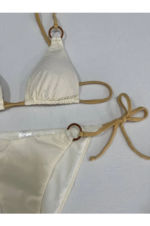 Kadın Açık Krem Halka Detaylı İp Bağlamalı Astarlı Bikini Takım HZL25S-AR1617