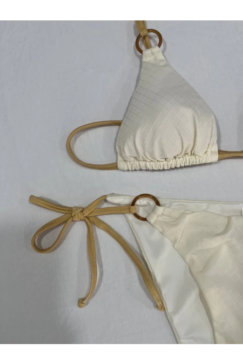 Kadın Açık Krem Halka Detaylı İp Bağlamalı Astarlı Bikini Takım HZL25S-AR1617