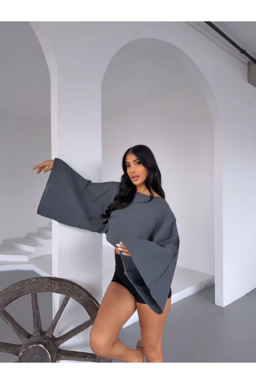 Kadın Antrasit Panço Model Müslin Bluz HZL25S-DSB16161