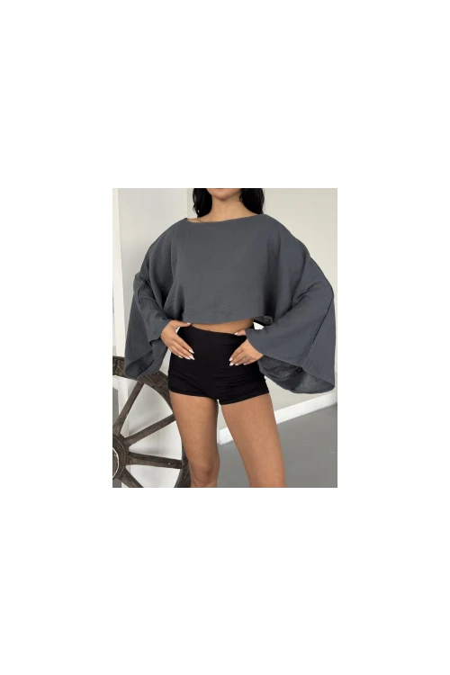 Kadın Antrasit Panço Model Müslin Bluz HZL25S-DSB16161