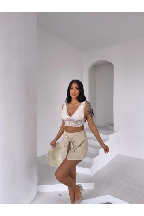 Kadın Bej Bağlama Detay Müslin Şort HZL25S-DSB2323