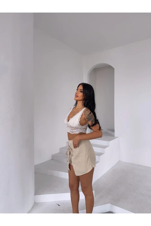 Kadın Bej Bağlama Detay Müslin Şort HZL25S-DSB2323