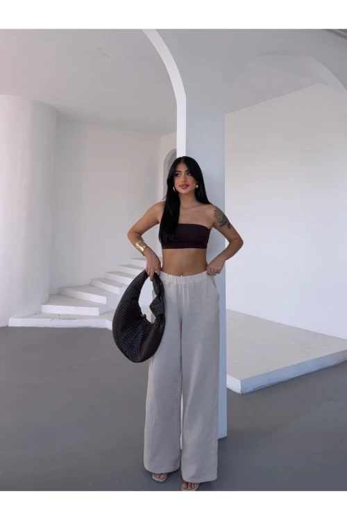 Kadın Bej Beli Lastikli Müslin Kumaş Bol Paça Pantolon HZL25S-DSB12221