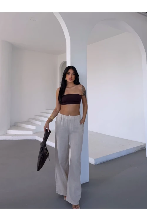 Kadın Bej Beli Lastikli Müslin Kumaş Bol Paça Pantolon HZL25S-DSB12221