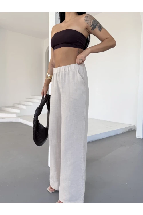 Kadın Bej Beli Lastikli Müslin Kumaş Bol Paça Pantolon HZL25S-DSB12221