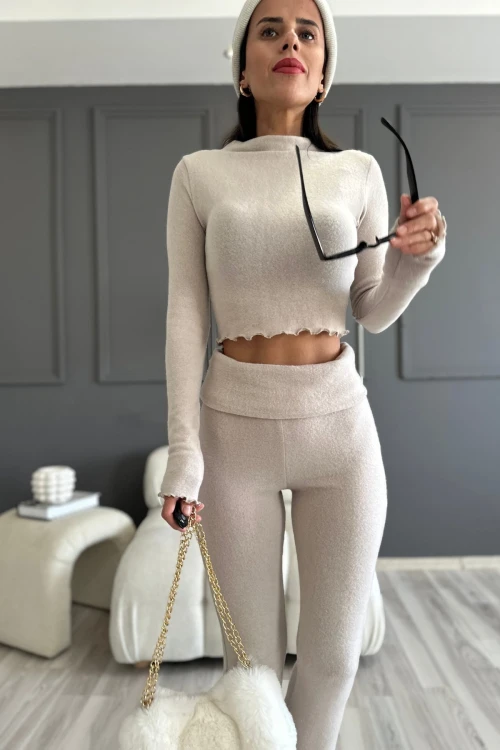 Kadın Bej Bel Katlamalı İspanyol İkili Yumoş Takım HZL25W-ZK13501