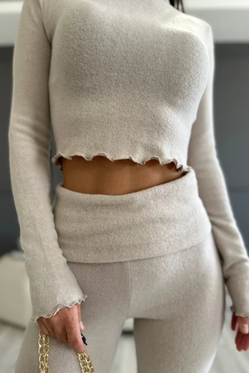 Kadın Bej Bel Katlamalı İspanyol İkili Yumoş Takım HZL25W-ZK13501