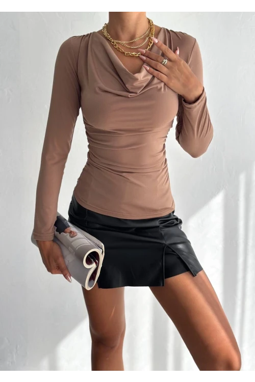 Kadın Bej Degaje Yaka Yandan Büzgülü Uzun Kol Sandy Bluz HZL24W-FRY122481