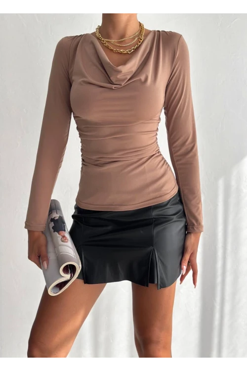 Kadın Bej Degaje Yaka Yandan Büzgülü Uzun Kol Sandy Bluz HZL24W-FRY122481