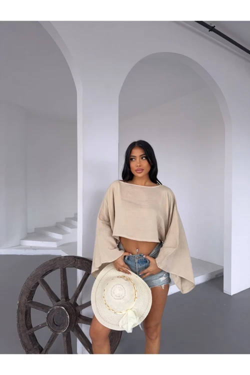 Kadın Bej Panço Model Müslin Bluz HZL25S-DSB16161