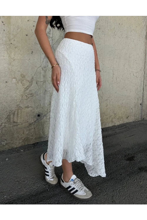 Kadın Beyaz Asimetrik Kesim Astarlı Dantel Etek HZL25S-ZK13571