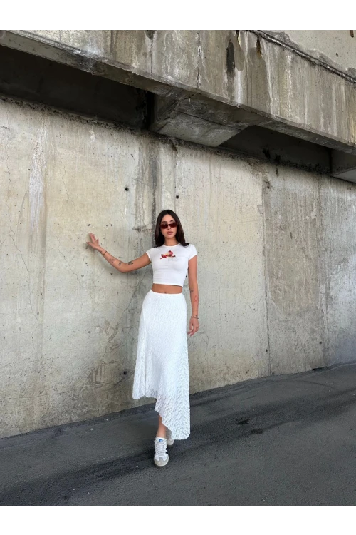 Kadın Beyaz Asimetrik Kesim Astarlı Dantel Etek HZL25S-ZK13571