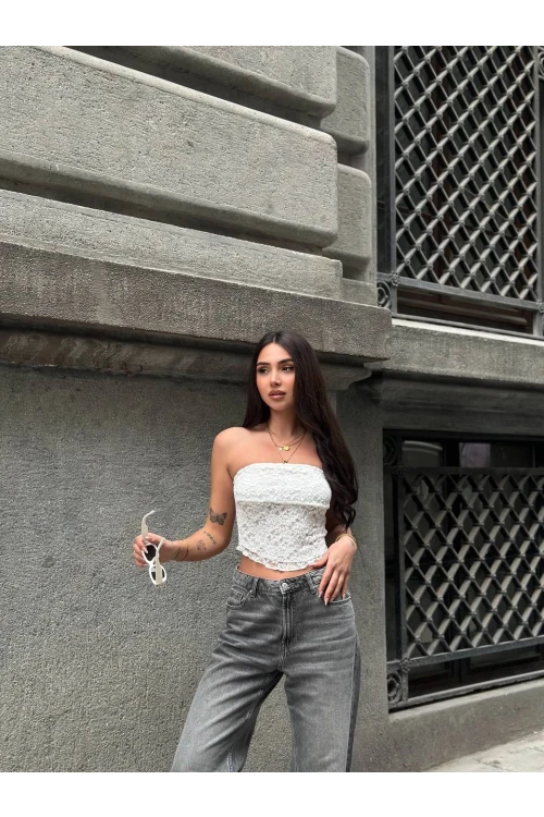 Kadın Beyaz Astarlı Dantel Straplez Bluz HZL25S-ZK11251