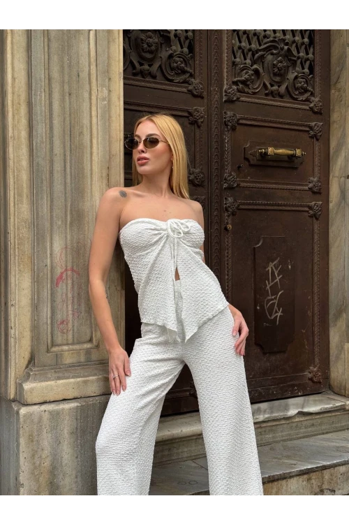 Kadın Beyaz Boyundan Bağlamalı Staplez Bluz HZL25S-ZK13581