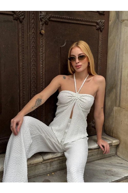 Kadın Beyaz Boyundan Bağlamalı Staplez Bluz HZL25S-ZK13581