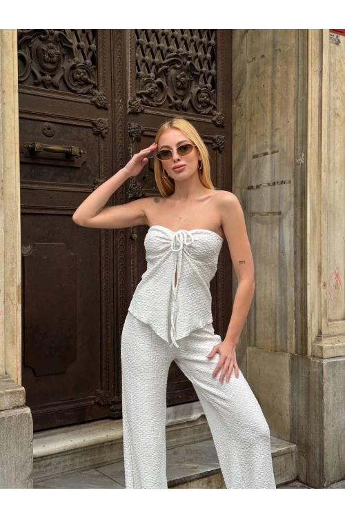 Kadın Beyaz Boyundan Bağlamalı Staplez Bluz HZL25S-ZK13581