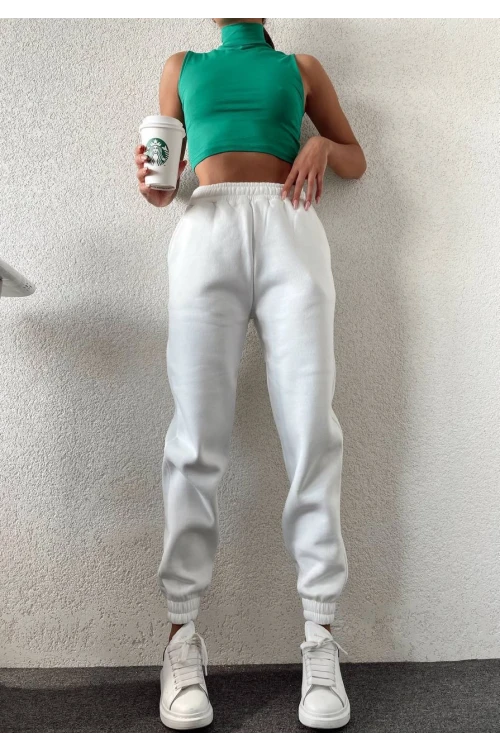 Kadın Beyaz Cepli Beli Paçası Lastikli 3 İplik Şardonlu Eşofman Altı HZL24W-ZK12321