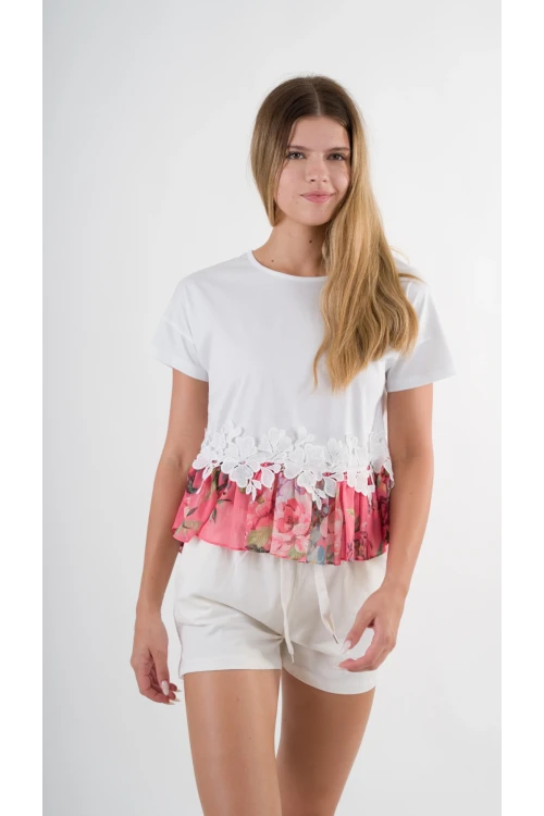 Kadın Beyaz Dantel Çiçek Desenli Bisiklet Yaka Bluz HZL24S-YY256