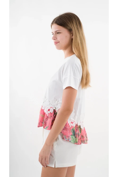 Kadın Beyaz Dantel Çiçek Desenli Bisiklet Yaka Bluz HZL24S-YY256