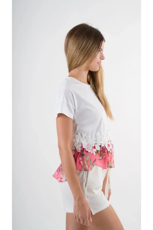 Kadın Beyaz Dantel Çiçek Desenli Bisiklet Yaka Bluz HZL24S-YY256