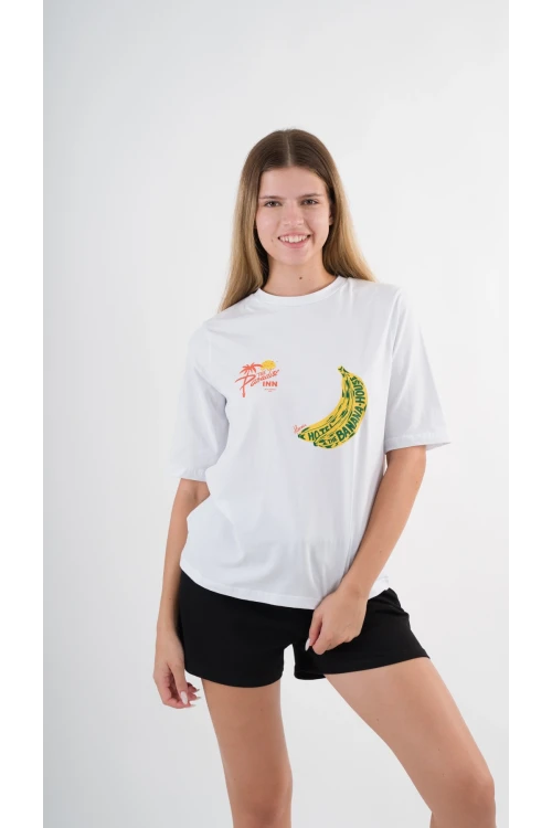 Kadın Beyaz Sarı Banana House Baskılı Bisiklet Yaka T-Shirt HZL24S-YY302