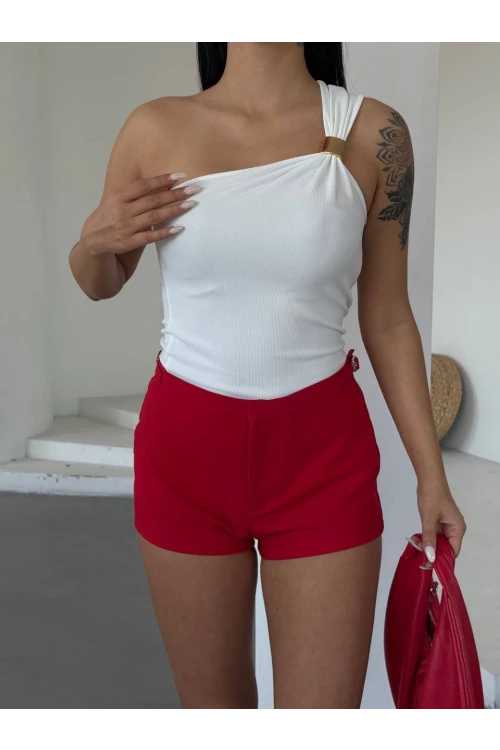 Kadın Beyaz Tek Omuz Gold Metal Detaylı Bluz HZL25S-FRY123111