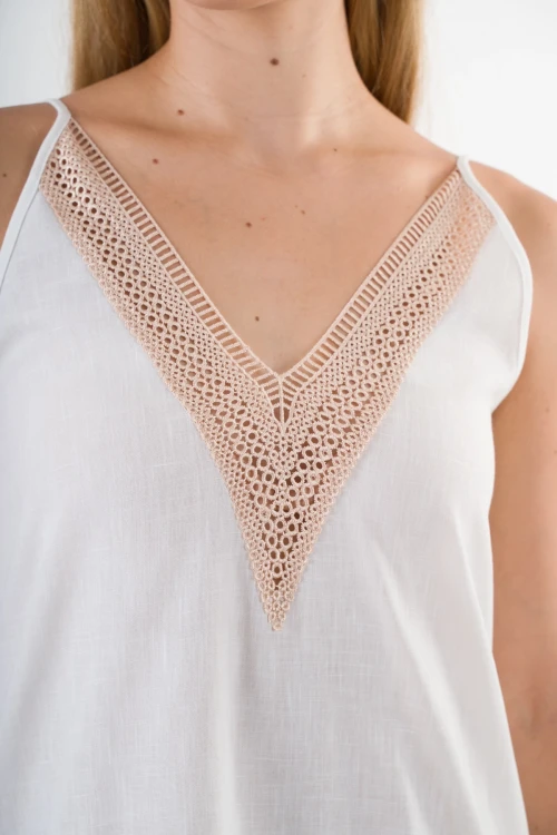 Kadın Beyaz V Yaka İp Askılı Eteği Pileli Güpür Detaylı Elbise HZL24S-YY244