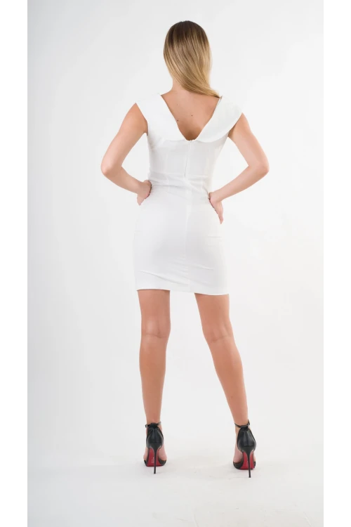 Kadın Beyaz V Yaka Yırtmaç Detaylı Kolsuz Elbise HZL24S-YY272