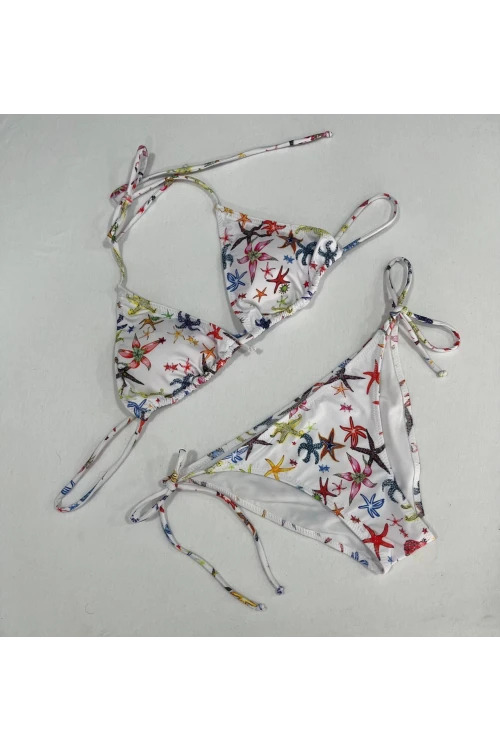 Kadın Beyaz Yıldız Temalı Boyundan İp Bağlamalı Üçgen Bikini Takımı HZL25S-LC5005