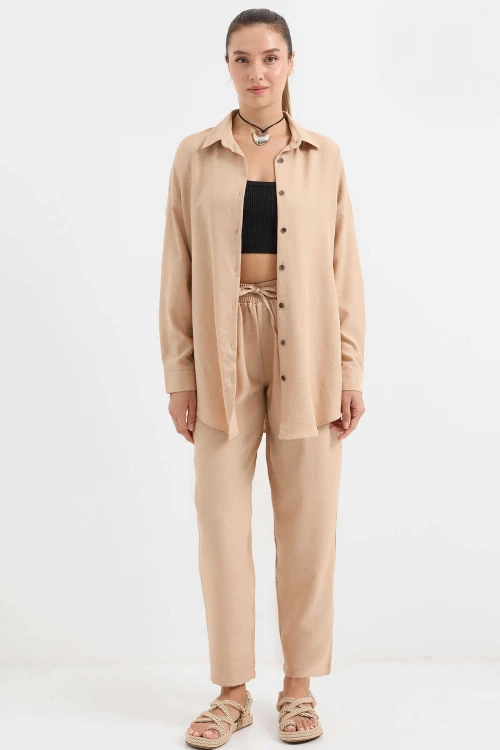 Kadın Bisküvi Keten Gömlek Pantolon  Alt-Üst İkili Takım HZL23W-BD166221