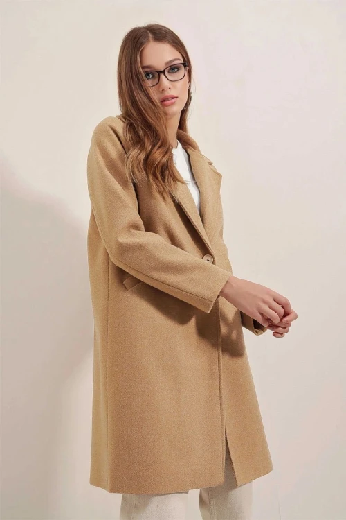 Kadın Bisküvi Tek Düğmeli Çift Cepli Astarlı Şık Kaşe Kaban HZL23W-BD190851