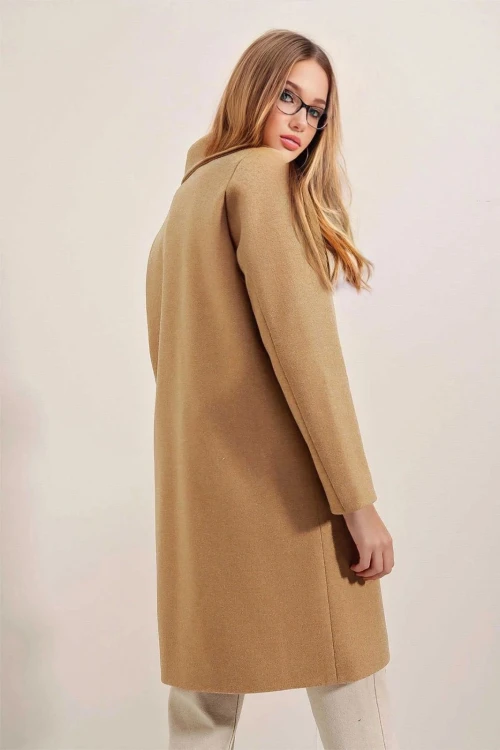 Kadın Bisküvi Tek Düğmeli Çift Cepli Astarlı Şık Kaşe Kaban HZL23W-BD190851