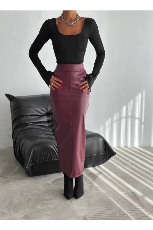Kadın Bordo Arkadan Yırtmaçlı Fermuarlı Cepli Kalem Etek HZL25W-FRY122431