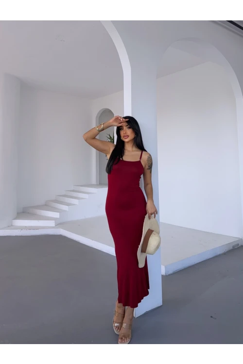 Kadın Bordo Ayarlanabilir Askılı Midi Boy Elbise HZL25S-FRY122921