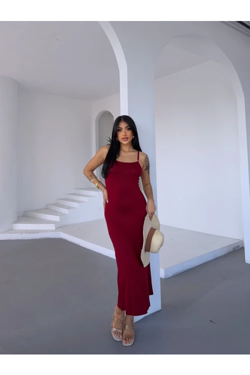 Kadın Bordo Ayarlanabilir Askılı Midi Boy Elbise HZL25S-FRY122921
