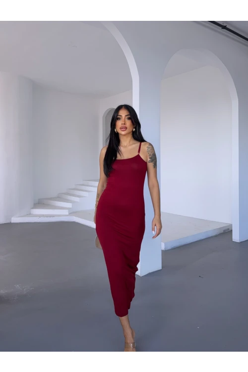 Kadın Bordo Ayarlanabilir Askılı Midi Boy Elbise HZL25S-FRY122921