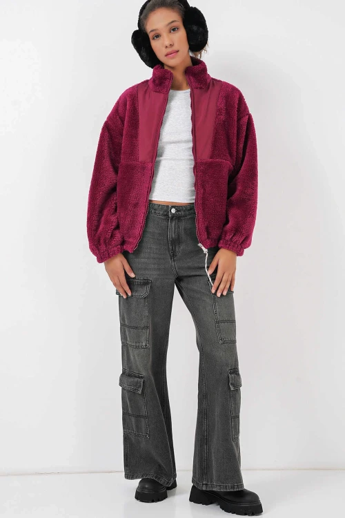 Kadın Bordo Baskılı Fermuarlı Suni Yünlü Astarlı Peluş Ceket HZL25W-BD151941