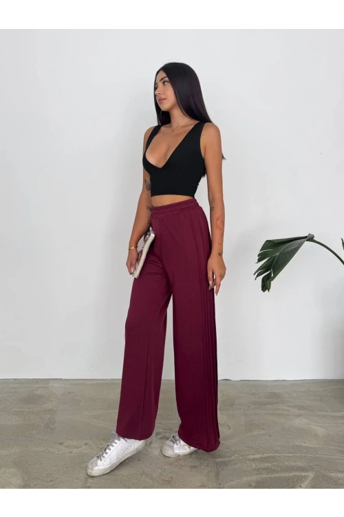 Kadın Bordo Beli Lastikli Şerit Detay 2 iplik Eşofman Altı HZL25S-FRY122251