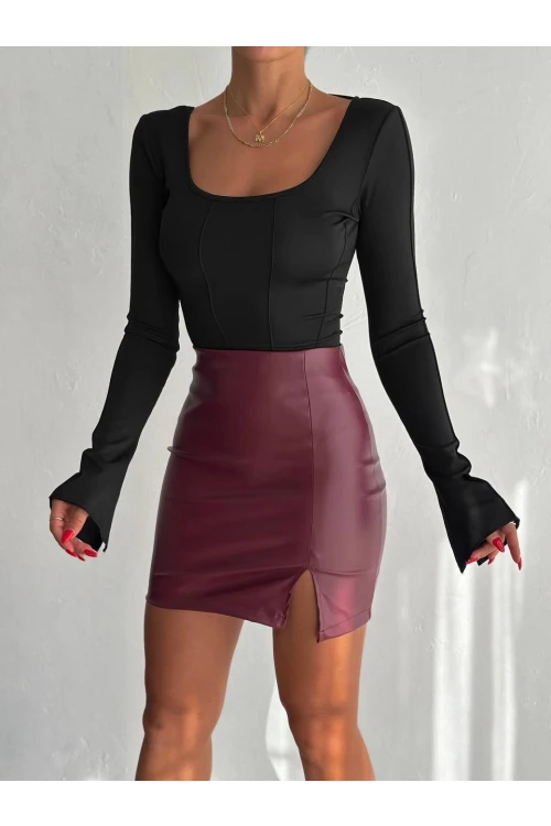 Kadın Bordo Beli Lastikli Yırtmaçlı Mini Etek HZL25W-FRY122421