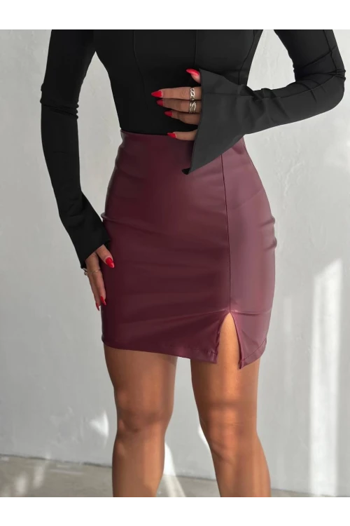 Kadın Bordo Beli Lastikli Yırtmaçlı Mini Etek HZL25W-FRY122421