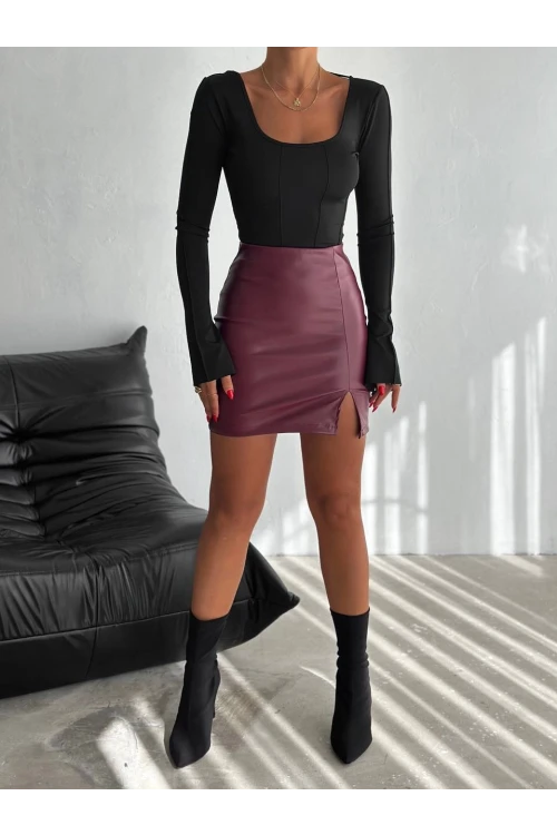 Kadın Bordo Beli Lastikli Yırtmaçlı Mini Etek HZL25W-FRY122421