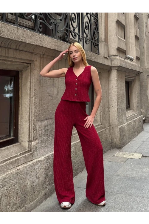 Kadın Bordo Beli Lastilkli Gofre Kumaş Pantolon HZL24S-ZK13261