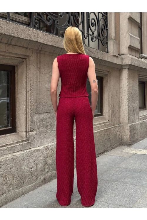 Kadın Bordo Beli Lastilkli Gofre Kumaş Pantolon HZL24S-ZK13261