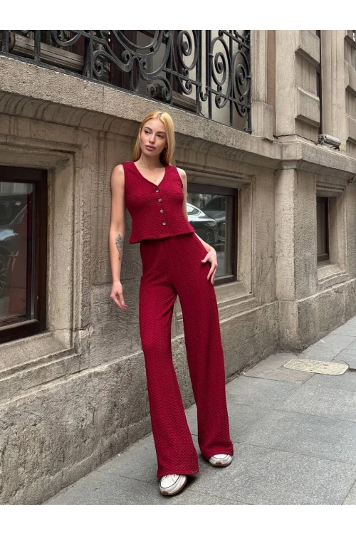 Kadın Bordo Beli Lastilkli Gofre Kumaş Pantolon HZL24S-ZK13261