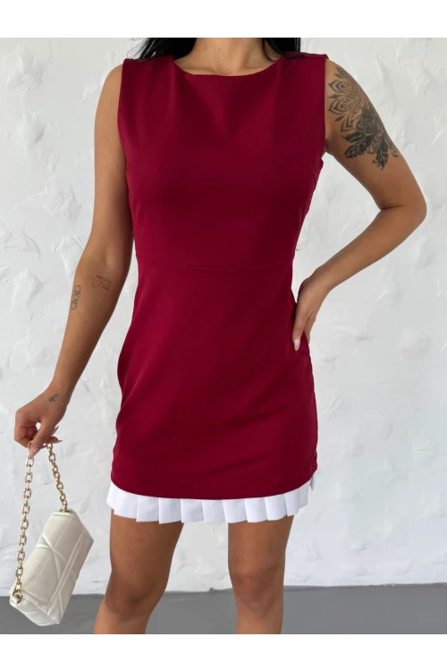 Kadın Bordo Beyaz Pileli İthal Dooble Kumaş Kolsuz Mini Elbise HZL25S-FRY122961