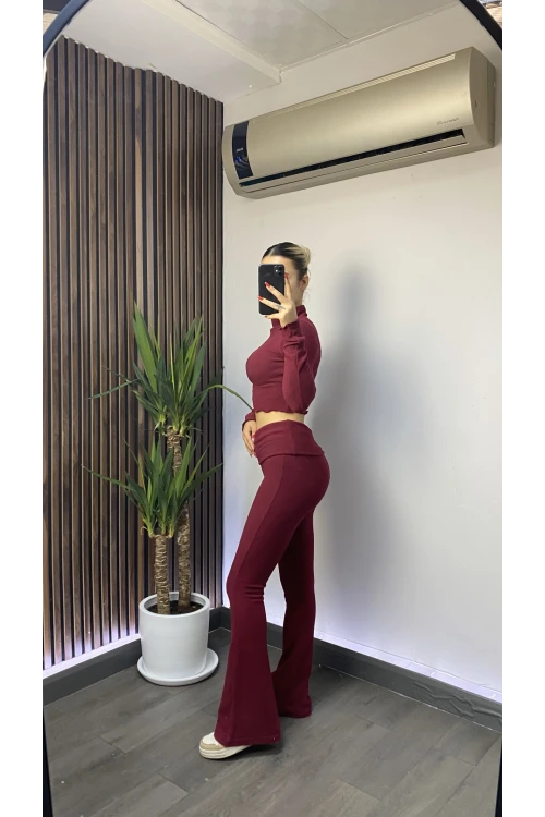 Kadın Bordo Bel Katlamalı İspanyol İkili Yumoş Takım HZL25W-ZK13501