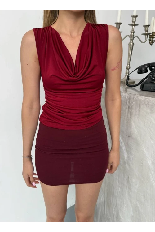 Kadın Bordo Degaje Yaka Yanlardan Drapeli Sandy Bluz HZL25S-FRY123131