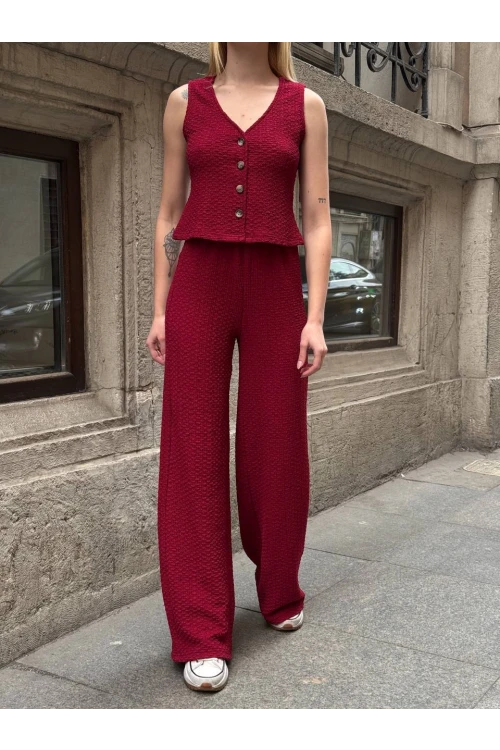 Kadın Bordo Gofre Kumaş Yelek Pantolon İkili Takım HZL25S-ZK13591